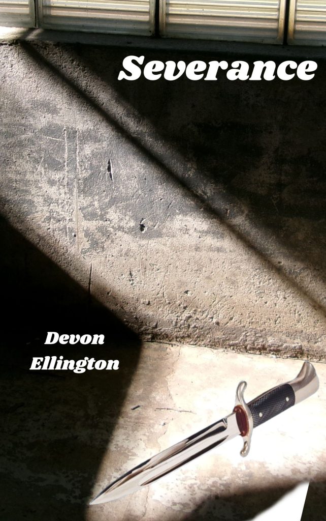beam of light hits dagger on stone floor. Text has "Severance" and author name "Devon Ellington."
